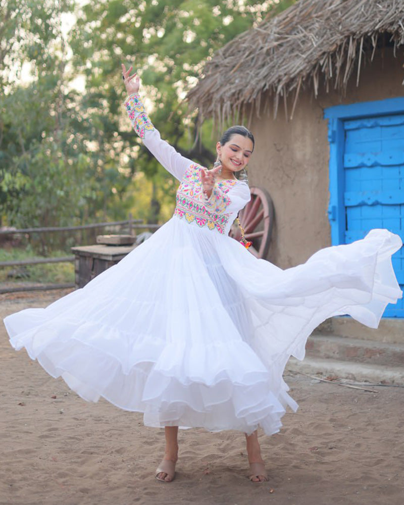 White Color Blooming Ruffle Style Navratri Gown