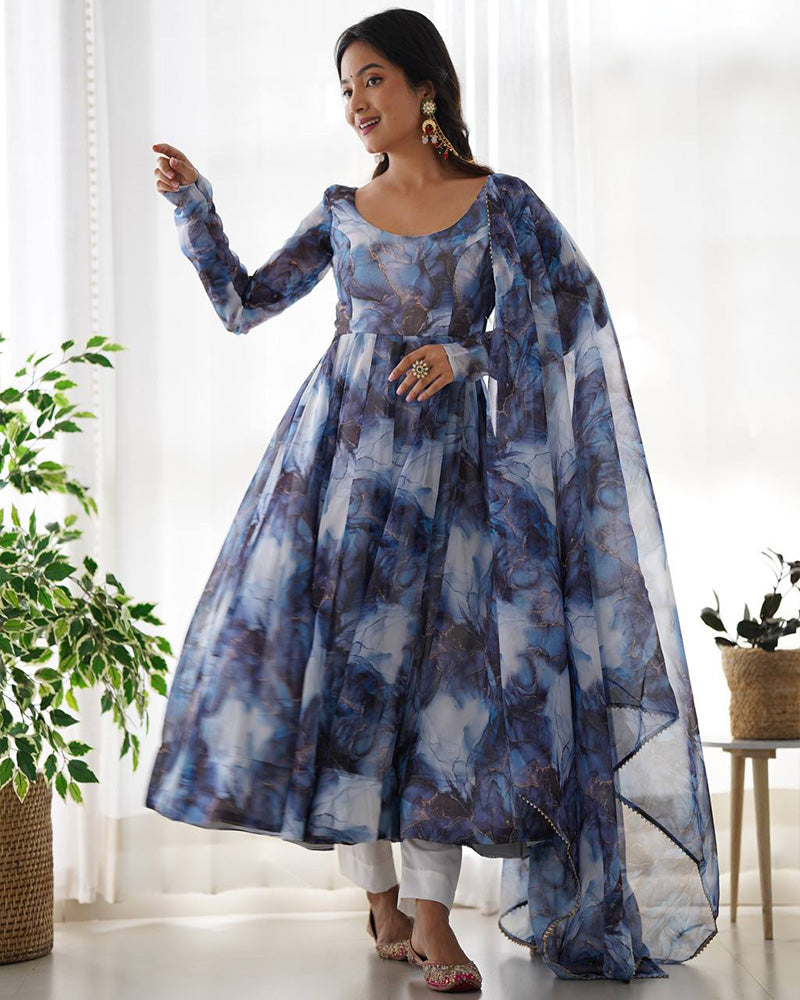 Navy Blue Color Pure Soft Organza Three Piece Anarkali Suit