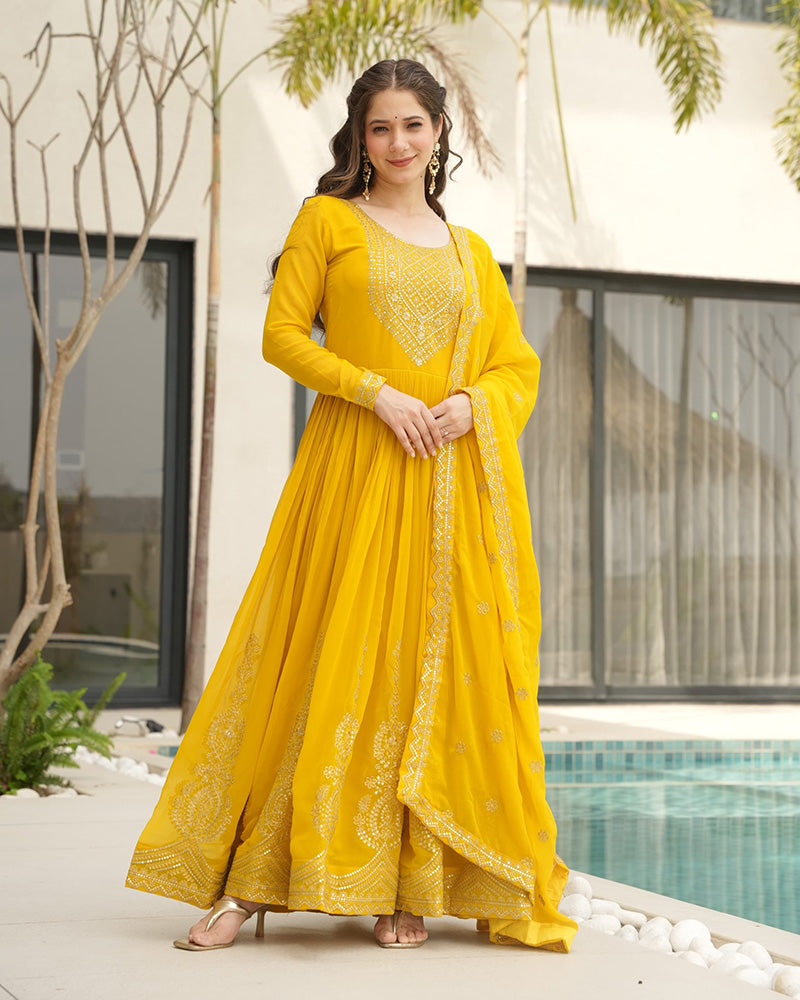 Yellow Color Faux Blooming Embroidered Gown