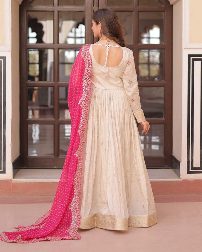 Off-White Color Jacquard Gown With Pink Dupatta