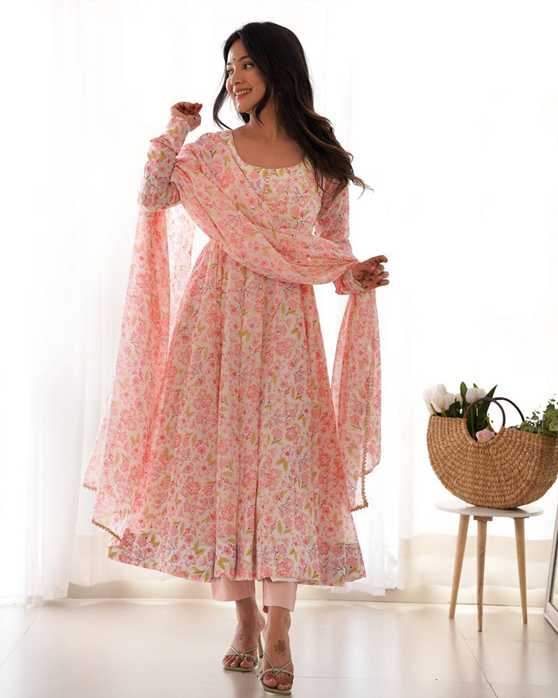 Multi Pink Color Chiffon Floral Print Three Piece Anarkali Suit