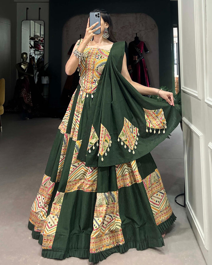 Mehndi Color Cotton Foil Printed Navratri Lehenga Choli