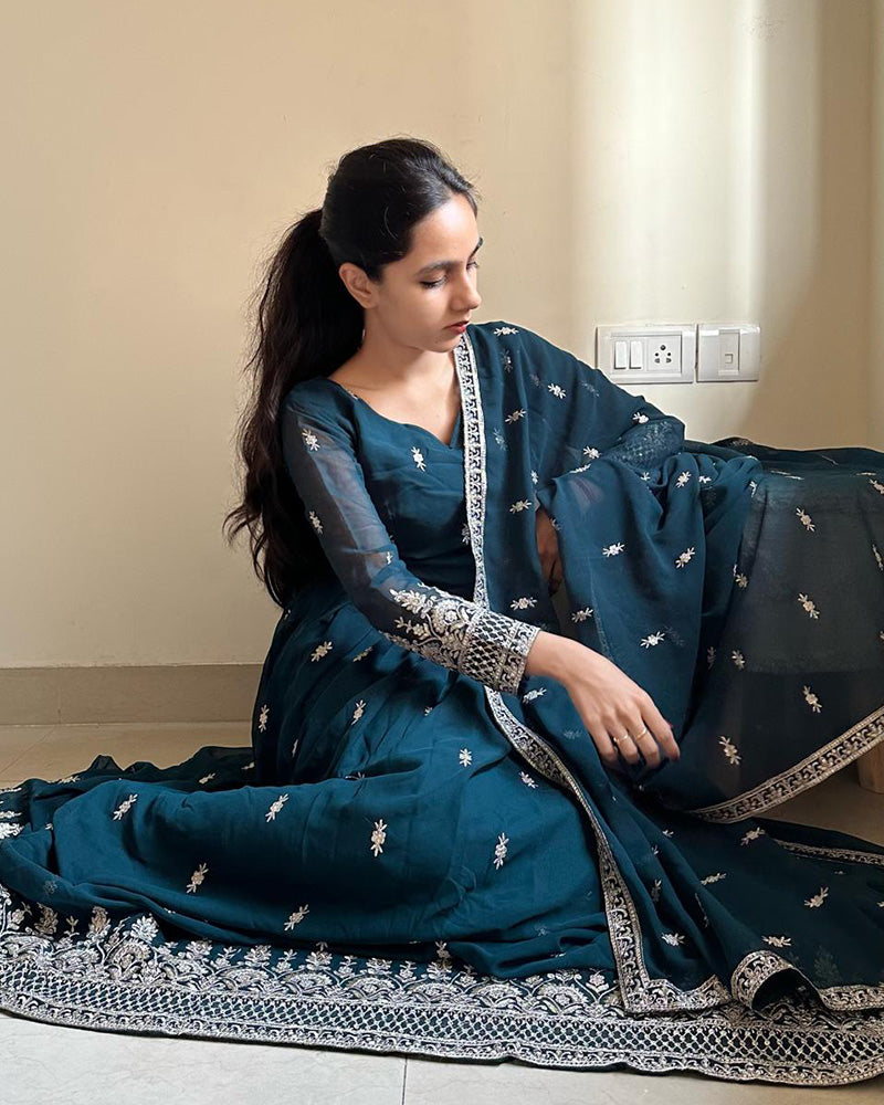 Rama Color Georgette Designer Anarkali Gown With Dupatta