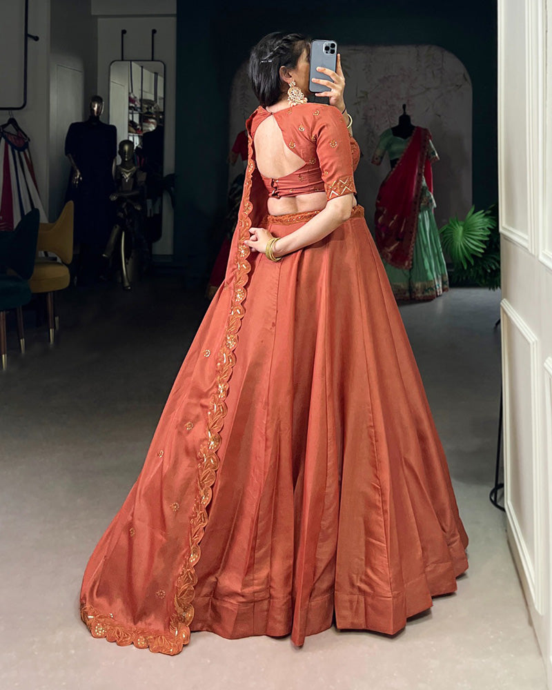Rust Orange Color Korean Tussar Silk Lehenga Choli