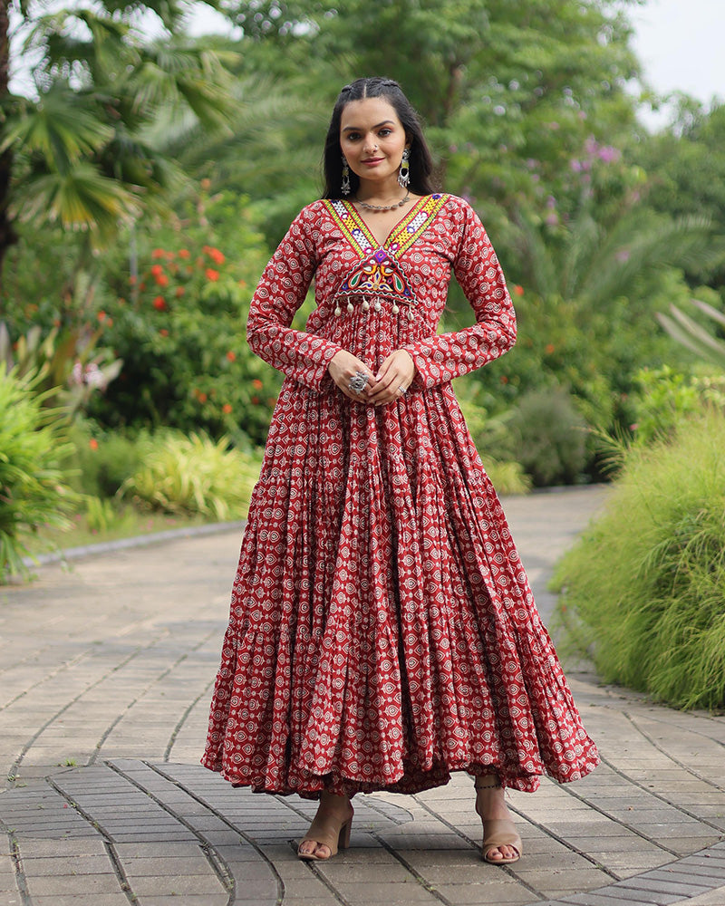 Maroon  Color Cotton Gamthi Work Navratri Gown