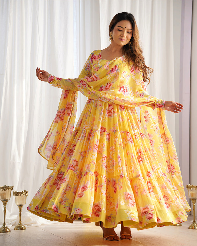 Yellow Color Georgette Three Layer Ruffle Style Anarkali Suit