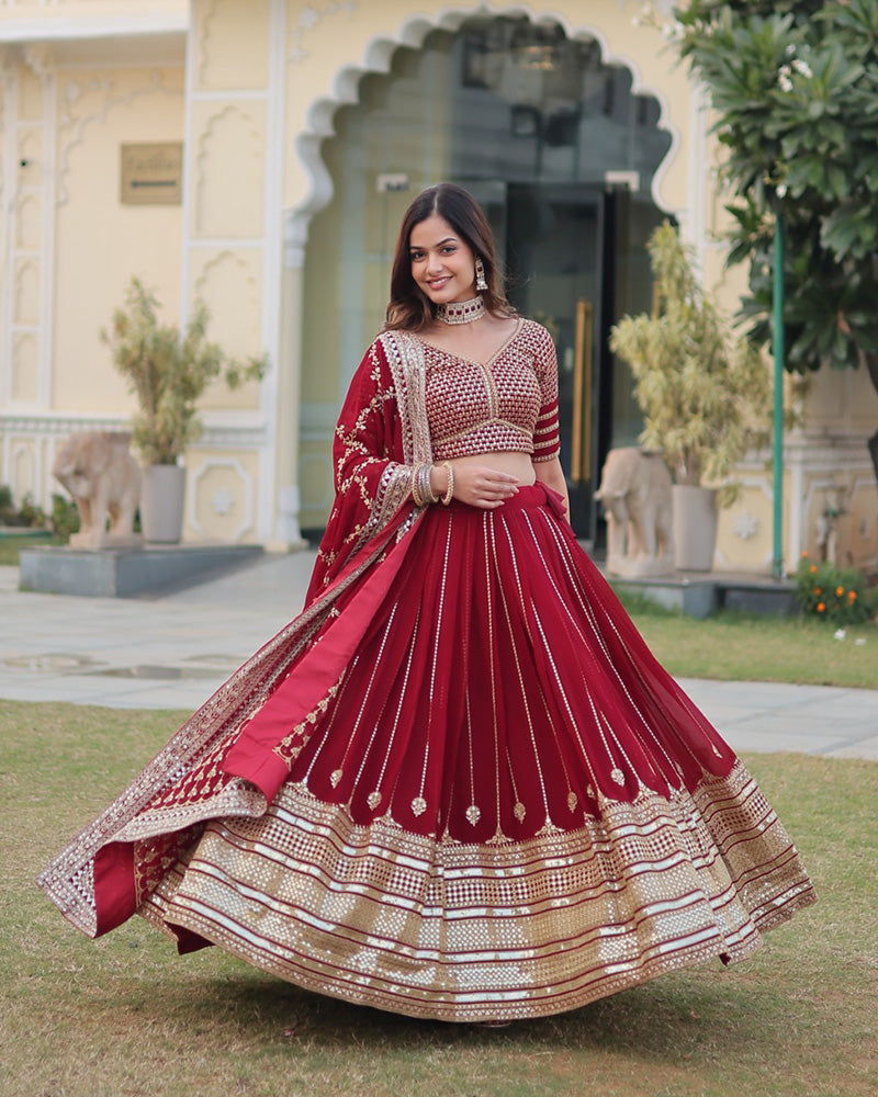 Wedding Wear Maroon Color Designer Blooming Semi stitched Lehenga Choli