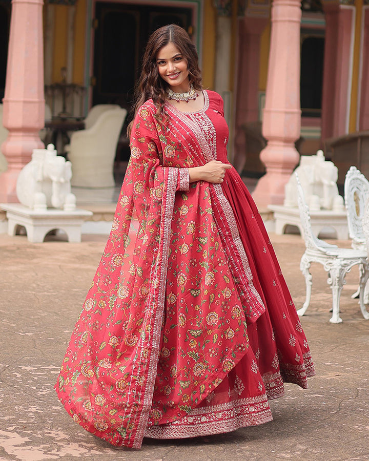 Maroon Color Chinnon Sequence Embroidered Gown