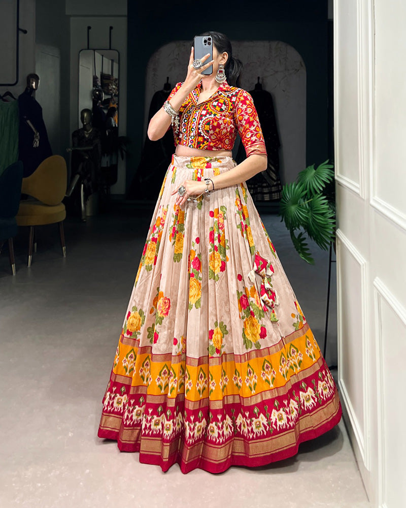 Red Color Tussar Silk Patola Printed Lehenga Choli