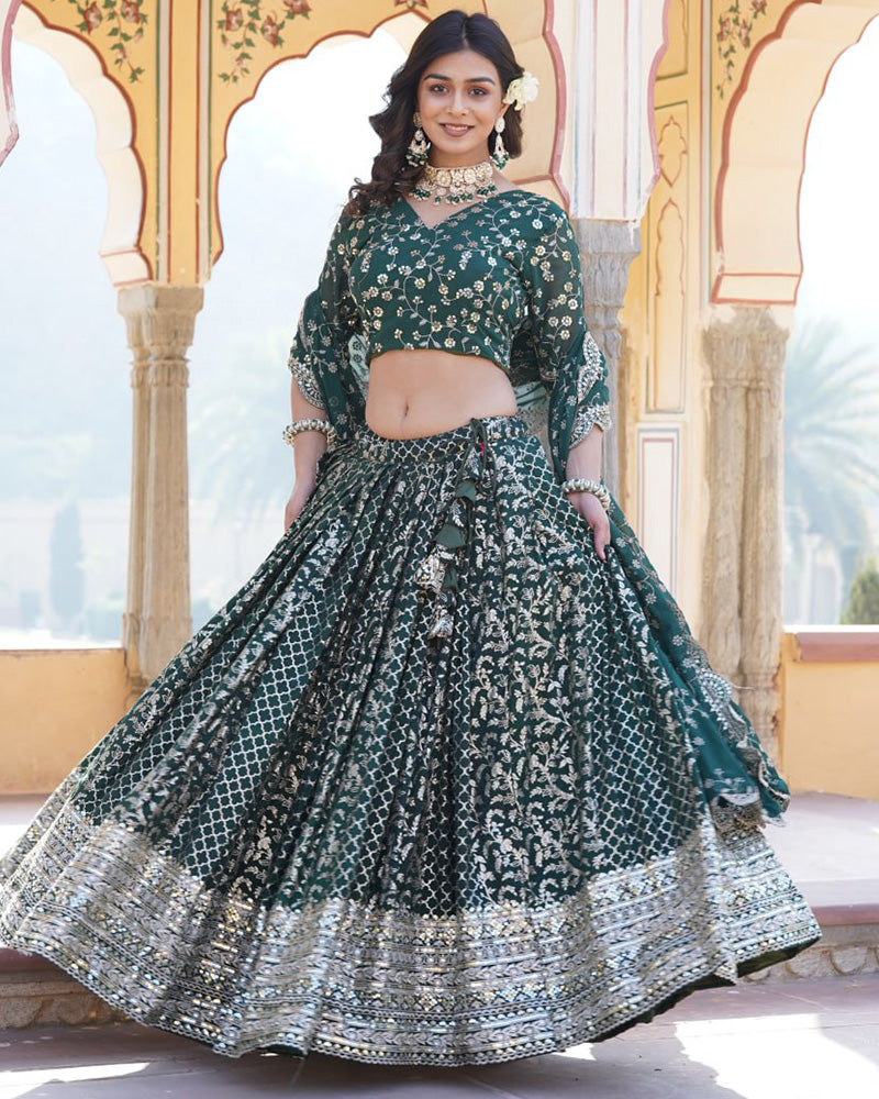 New Design Green Color Sequence Embroidered Jacquard Lehenga Choli