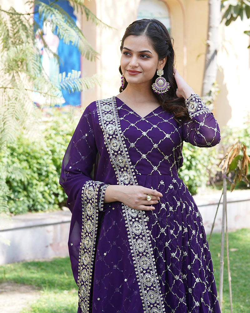 Designer Sequence Embridered Work In Faux Blooming Wine Color Anarkali Gown