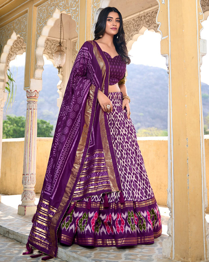 Purple Color Tussar Silk Ikkat Printed Lehenga Choli