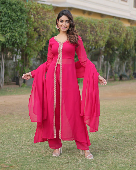 Western Designer Rani Pink Color Georgette Three Piece Kurti Suit