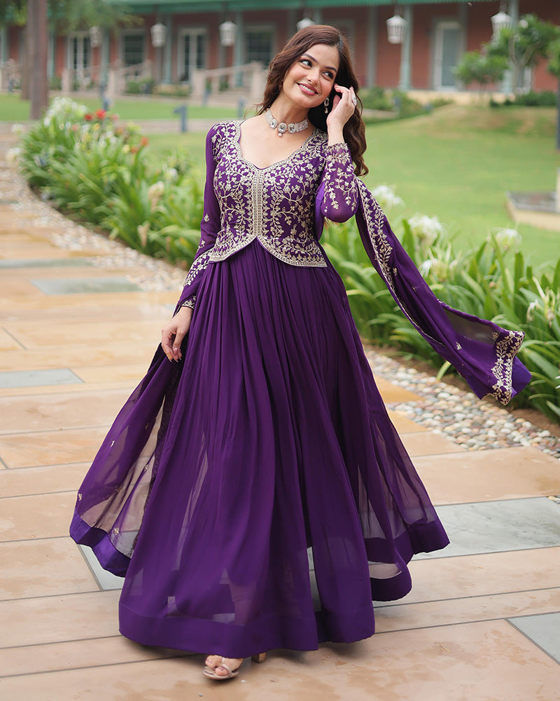 Purple Color Faux Blooming Multi Embroidered Work Gown