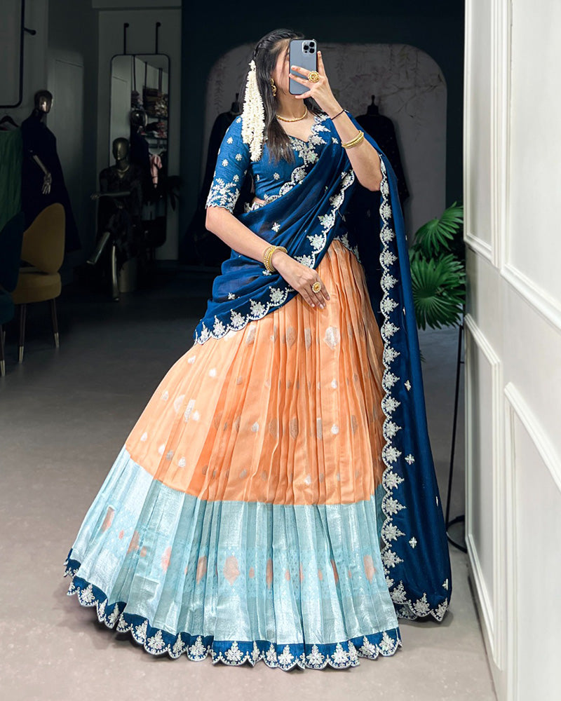 Orange Color Zari Kota Embroidered Half Saree