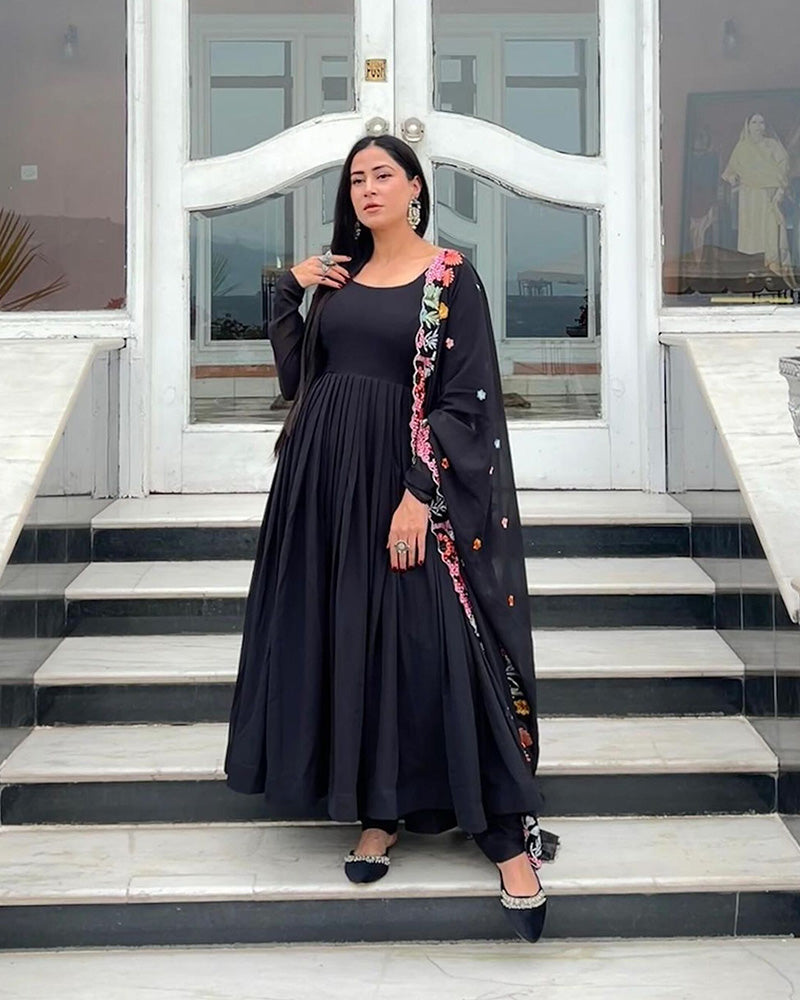 Isha Sharma in Georgette Black Colour Backless Anarkali Three Piece Suit