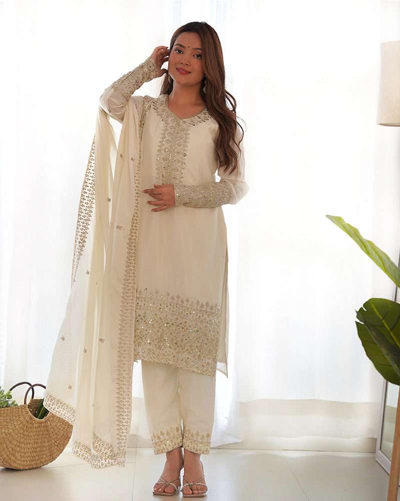 White Color Chinon Silk Three Piece Kurti Suit