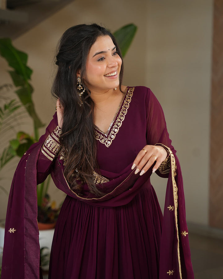 Wine  Color Faux Blooming Embroidered Gown With Dupatta