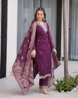 Wine Color Roman Silk Embroidered Three Piece Kurti Suit