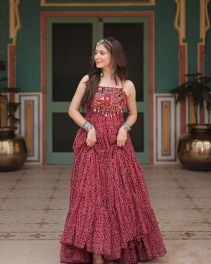 Maroon Color Georgette Bandhej Print Navratri Gown