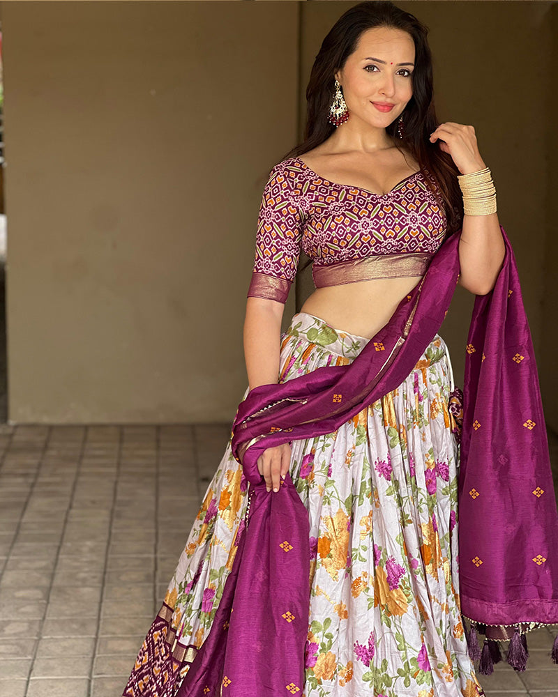 Wine Color Tussar Silk Floral And Patola Printed Navratri Lehenga Choli