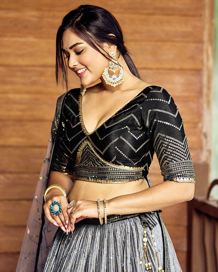 Black Color Chinon Embroidered Lehenga Choli