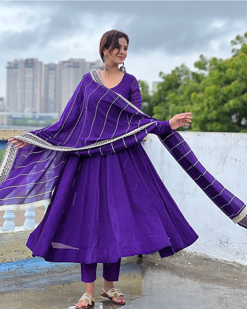 Purple Color Georgette Anarkali With Embroidered Dupatta