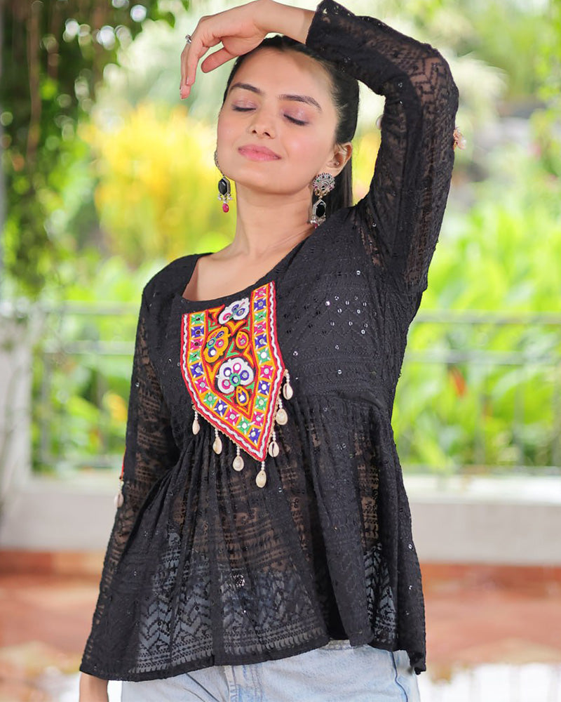 Black Color Georgette Schiffli Work Navratri Kediya