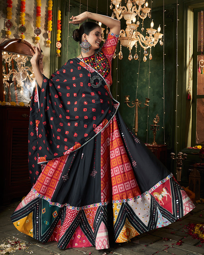 Black Color Maslin Cotton Printed Navratri Lehenga Choli