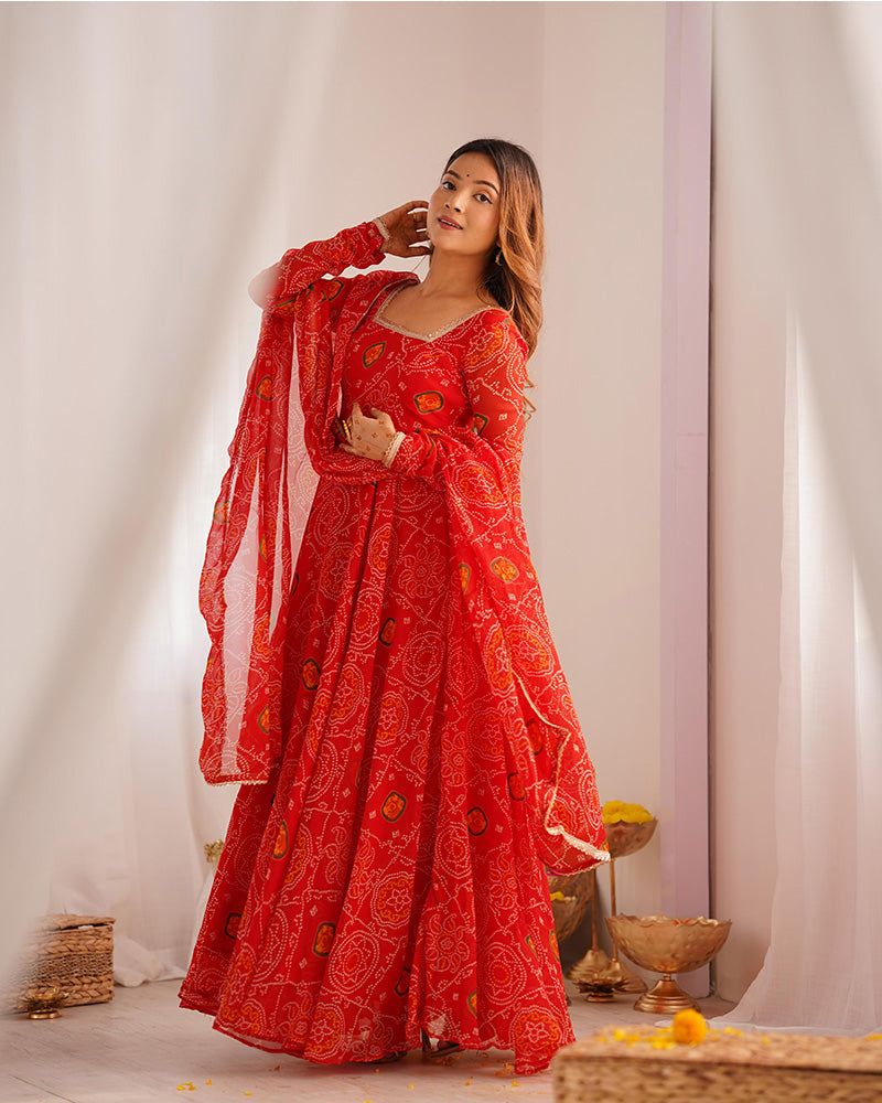 Red Color Bandhej Print Soft Chiffon Anarkali Gown