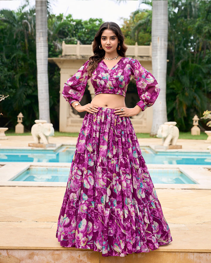 Wine Color Georgette Printed Crop Top Lehenga Choli