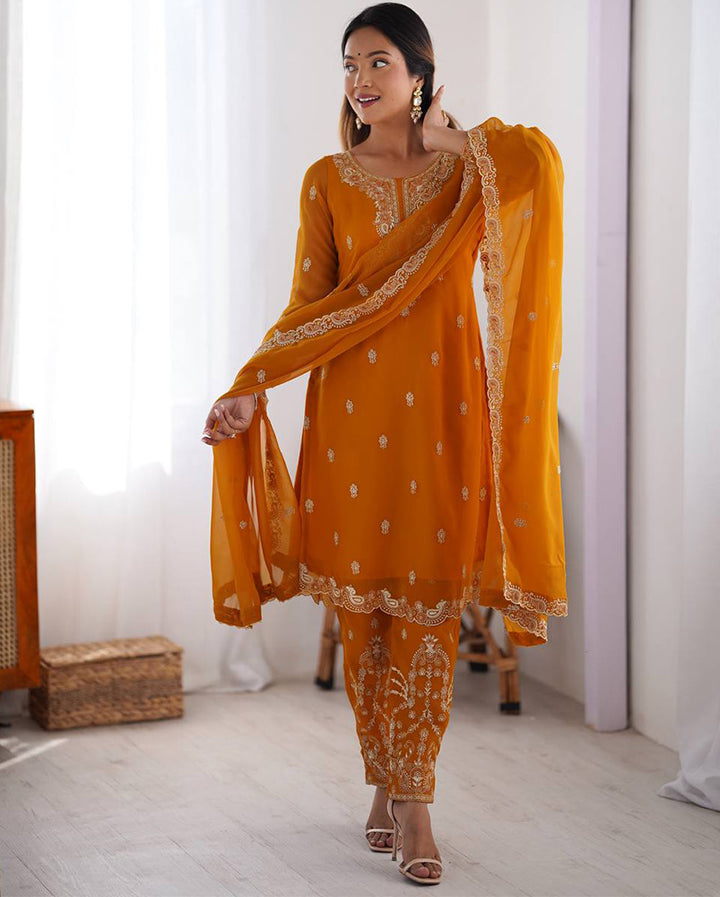 Yellow Color Faux Georgette Three Piece Kurti Suit