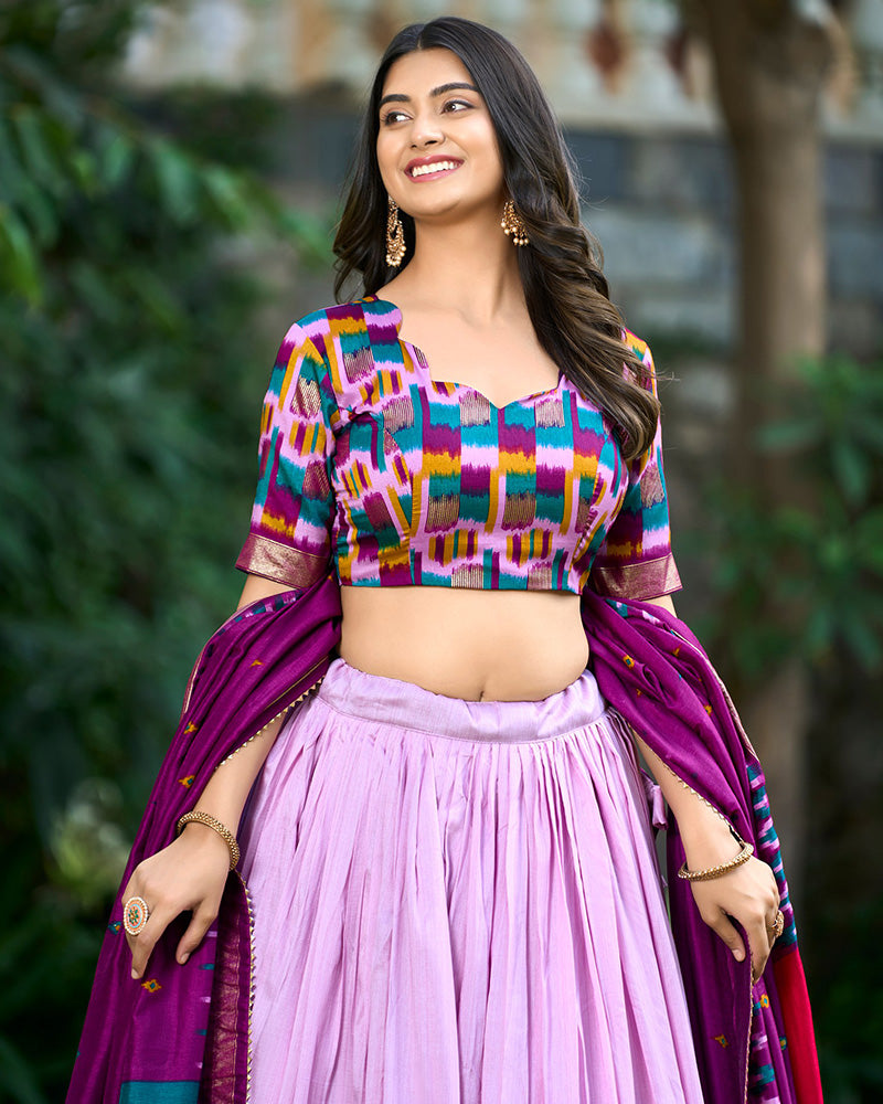 Light Purple Color Tussar Silk Printed Navratri Lehenga Choli