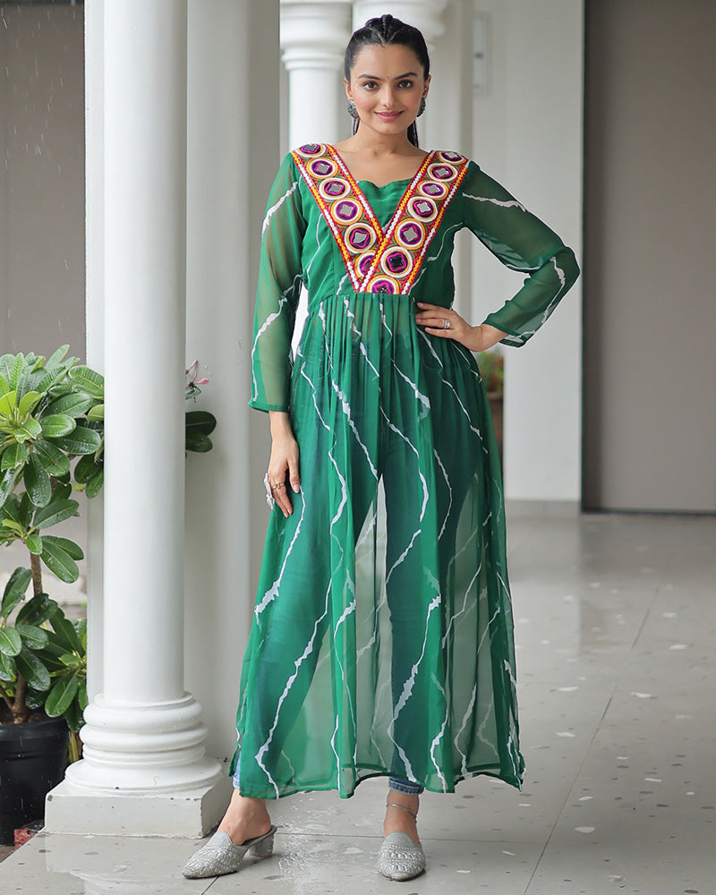 Green Color Faux Georgette Kutchi Work Navratri Kurti