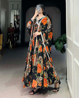 Black And Orange Color Floral Printed Georgette Gown