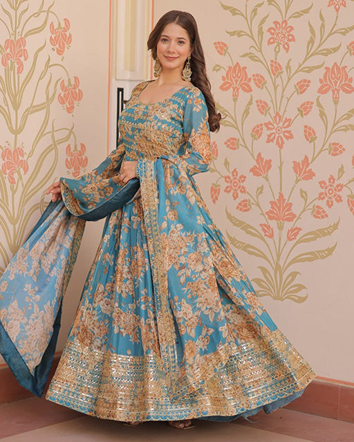 Sky Blue Color Russian Silk Embroidered Gown