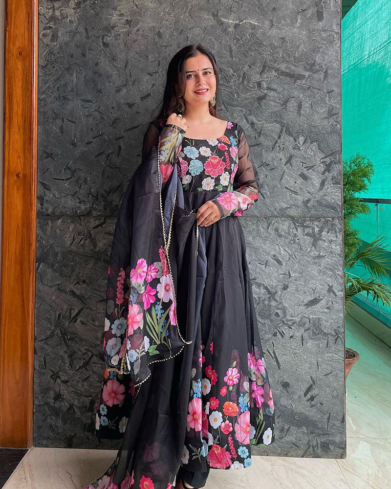 Mehak Qudora Black Floral Print Organza Three Piece Anarkali Suit