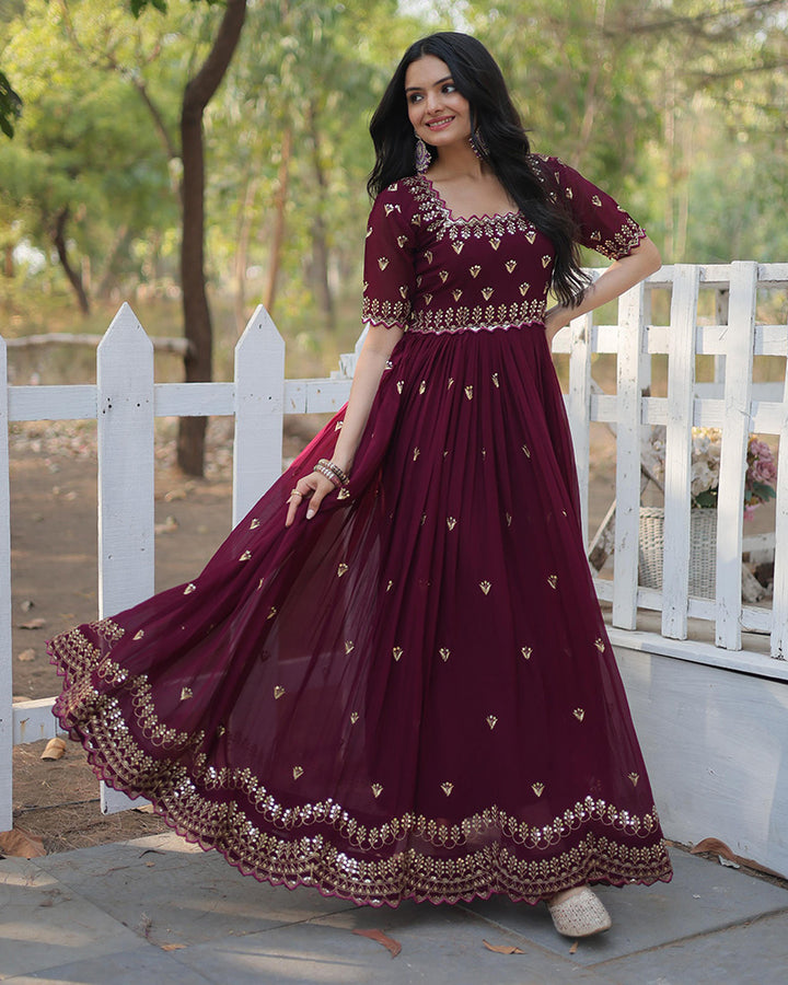 Reddish Maroon Color Faux Blooming Embroidered Gown