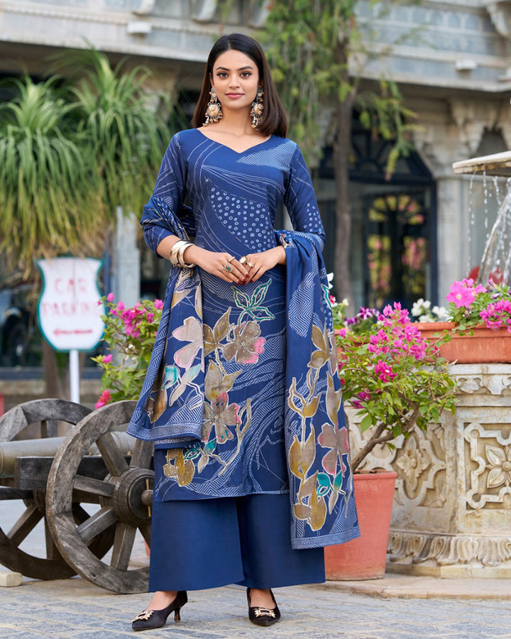 Navy Blue Color Roman Silk Three Piece Kurti Suit