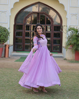 Lavender Color With Fancy Neck Faux Georgette Designer Anarkali Suit