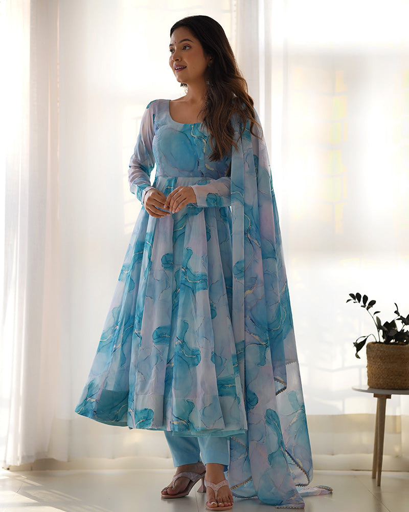 Sky Blue Color Pure Soft Organza Three Piece Anarkali Suit