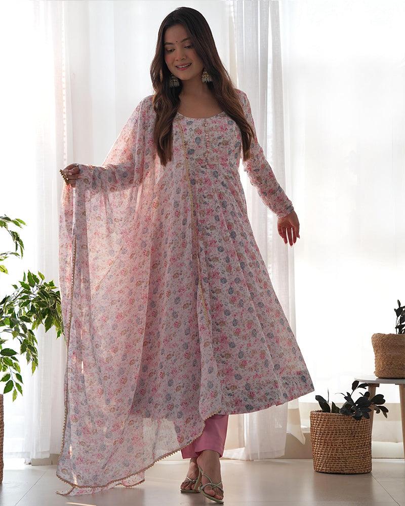 Baby Pink Color Heavy Chiffon Floral Print With Full Flair Three Piece Anarkali Suit