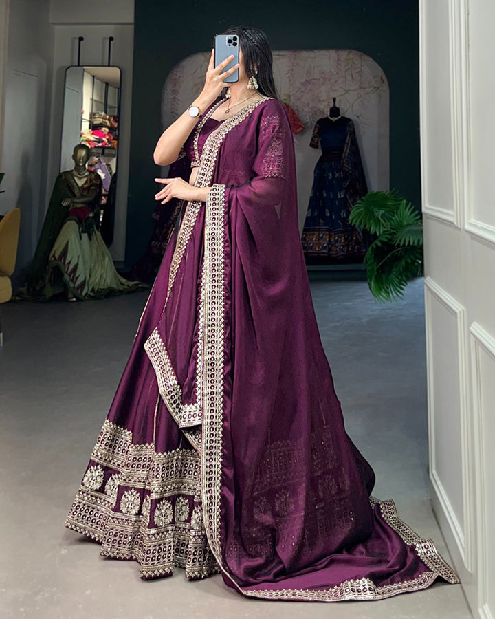 Wine Color Rangoli Silk Embroidered Lehenga Choli