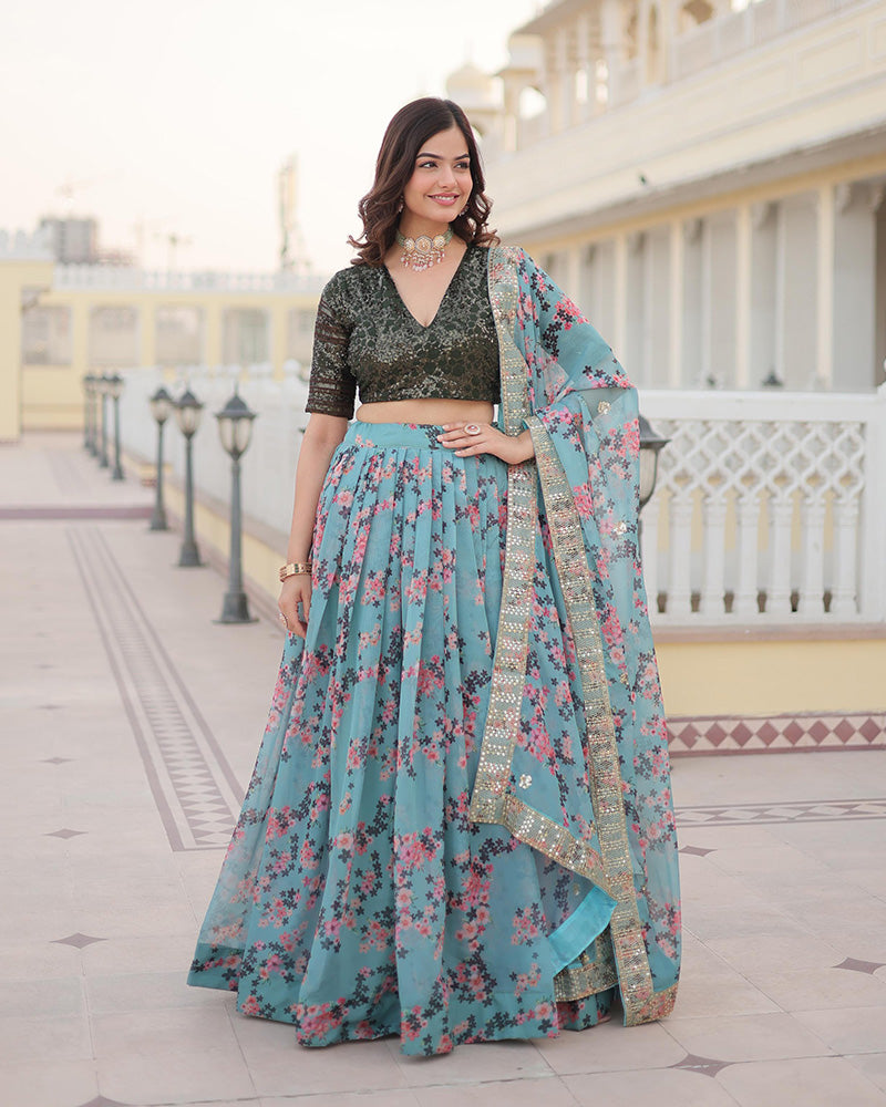 Sky Blue Color Russian Silk Digital Printed Lehenga Choli