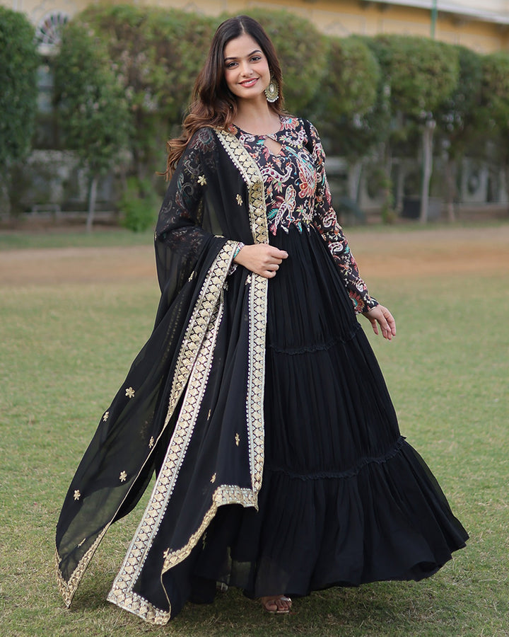 Black Color Frill Georgette Gown With Dupatta