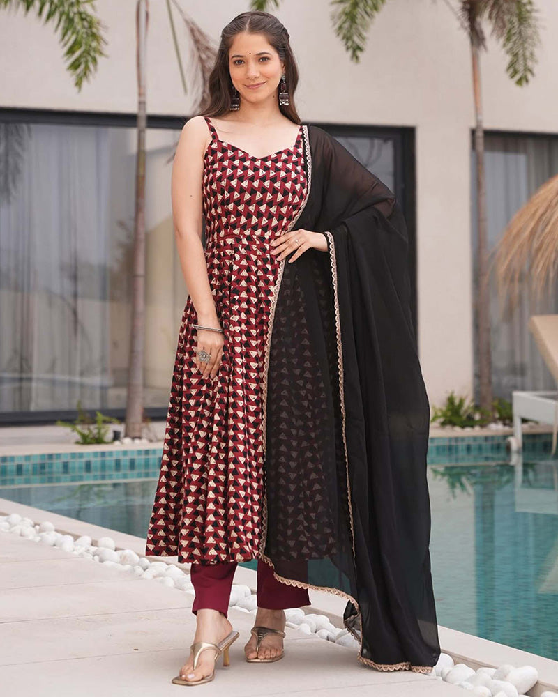 Red Color Triangle Printed Pure Cotton Anarkali Suit