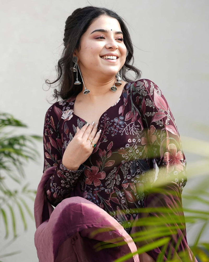 Wine Color Rayon Floral Print Three Piece Anarkali Suit