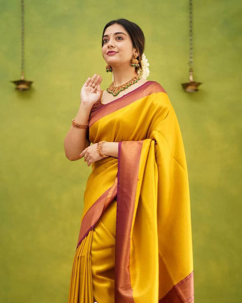 Mustard Yellow Soft Lichi Silk Saree