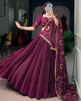 Wine Color Lightweight Thread Embroidered navratri Lehenga Set