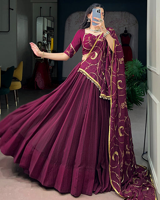 Wine Color Lightweight Thread Embroidered navratri Lehenga Set